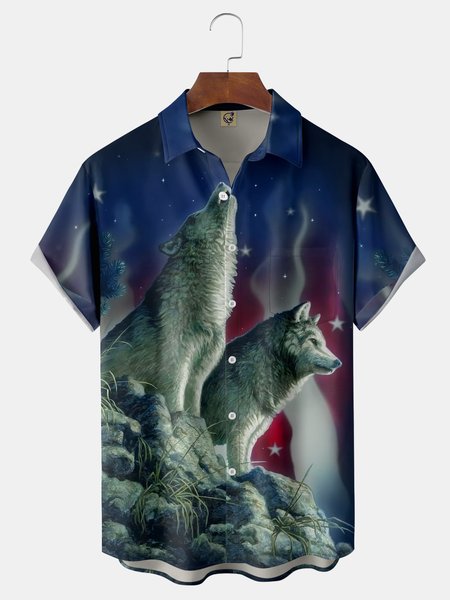 

Wolves Chest Pocket Short Sleeve Shirt, Blue, Men Shirts