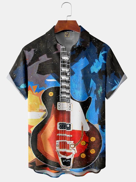 

Electric Guitar Chest Pocket Short Sleeve Casual Shirt, Blue, Men Shirts