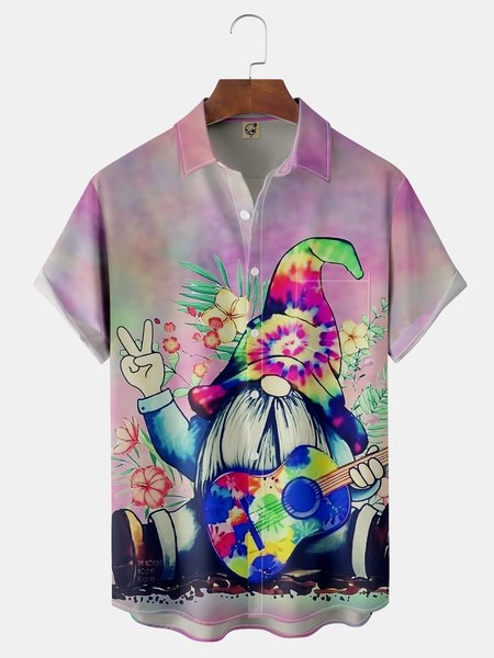 

Hippie Gnome Guitar Chest Pocket Short Sleeves Casual Shirts, Pink, Men Shirts