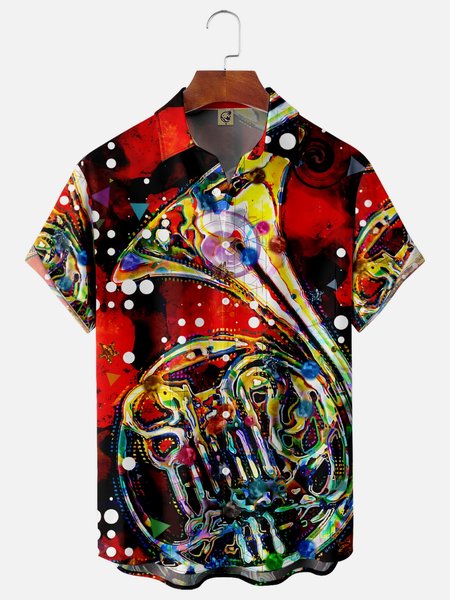 

French Horn Chest Pocket Short Sleeve Casual Shirt, Red, Men Shirts