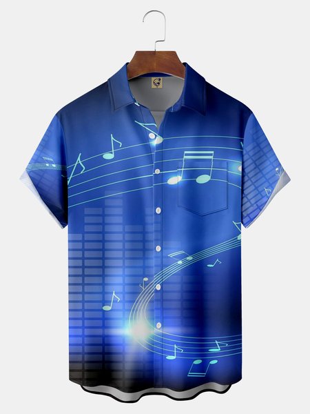 

Music Chest Pocket Short Sleeve Shirt, Blue, Men Shirts