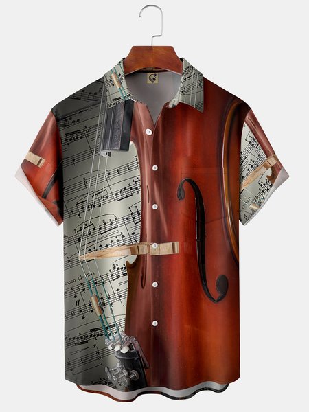 

Violin Chest Pocket Short Sleeve Casual Shirt, Light brown, Men Shirts