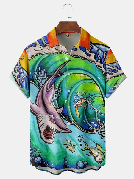 

Sea Animals Chest Pocket Short Sleeve Hawaiian Shirt, Green, Short Sleeve Shirts