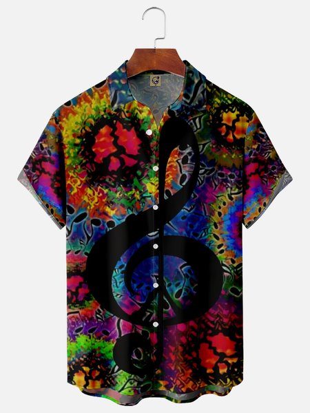 

Hippie Music Note Chest Pocket Short Sleeve Casual Shirt, Black, Men Shirts