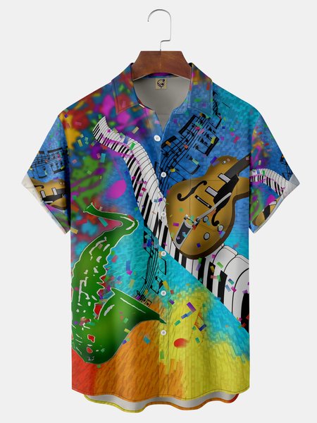 

Music Chest Pocket Short Sleeve Shirt, Blue, Men Shirts