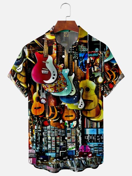 

Guitars Chest Pocket Short Sleeve Casual Shirt, Black, Men Shirts