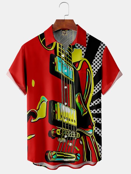 

Guitar Chest Pocket Short Sleeve Casual Shirt, Red, Men Shirts