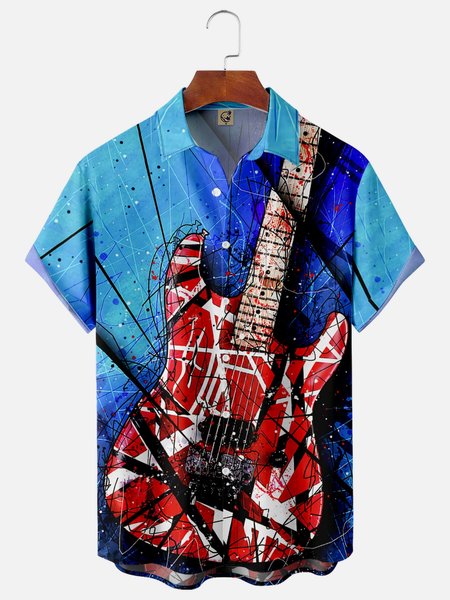 

Electric Guitar Chest Pocket Short Sleeve Casual Shirt, Blue, Men Shirts