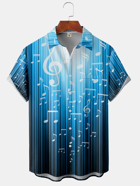 

Music Note Chest Pocket Short Sleeve Casual Shirt, Blue, Men Shirts