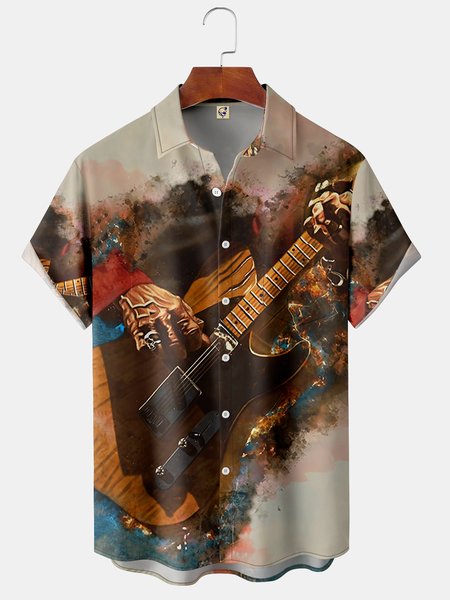

Guitar Chest Pocket Short Sleeve Casual Shirt, Apricot, Men Shirts
