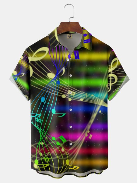 

Music Note Chest Pocket Short Sleeve Shirt, Green, Men Shirts