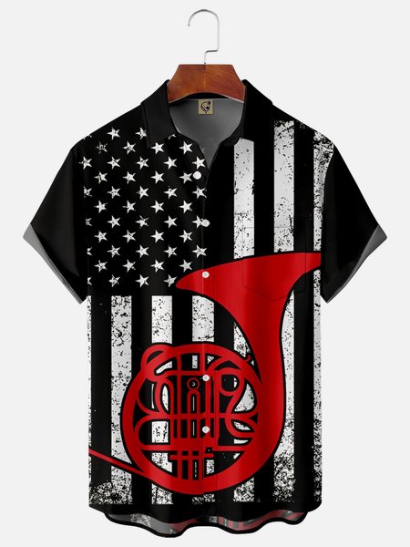 

French Horn Chest Pocket Short Sleeve Casual Shirt, Black, Men Shirts