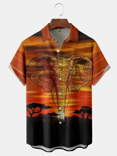 

Elephant Chest Pocket Short Sleeve Shirt, Orange red, Men Shirts