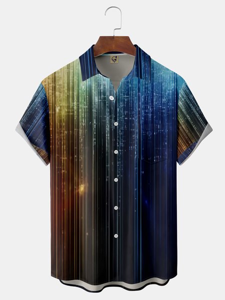 

Geometric Stripe Chest Pocket Short Sleeve Shirt, Blue, Men Shirts