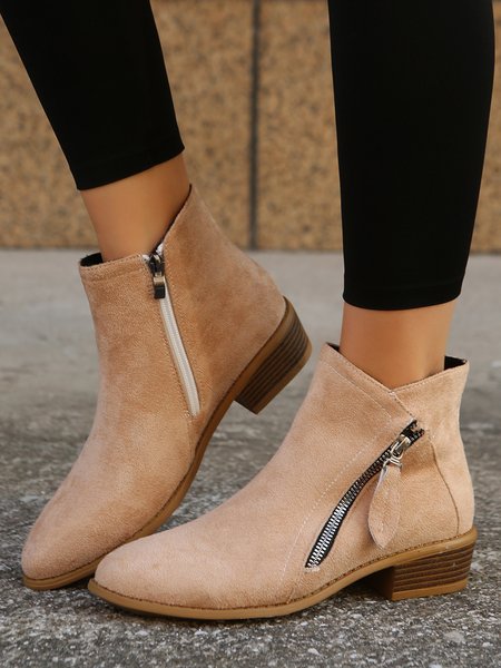 

Khaki Suede Side Zipper Casual Ankle Boots, Boots