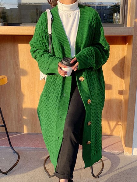 

Simple Loose Long Sleeve Plain Sweater Cardigan, Green, Cardigans