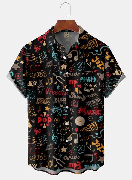 

Rock Words Chest Pocket Short Sleeve Shirt, Black, Men Shirts