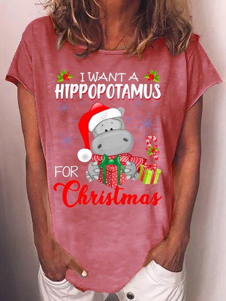 

Women's I Want A Hippopotamus For Christmas Xmas Crew Neck Casual T-Shirt, Red, T-shirts
