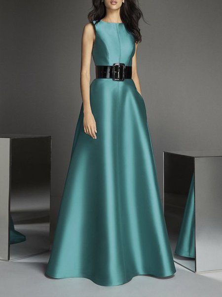 

Long Plain Crew Neck Elegant Party Dress, Cyan, Maxi Dresses