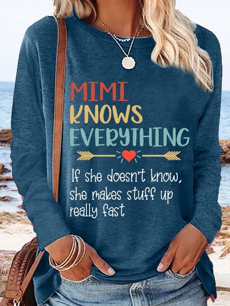 

Women's Vintage Mimi Knows Everything Family Gifts Crew Neck Casual T-Shirt, Blue, Long sleeves