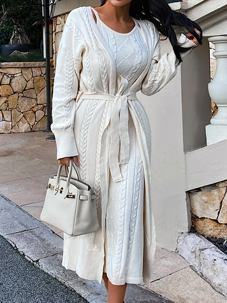 

High Elasticity V Neck Elegant Loose Long sleeve Plain Sweater Coat, Off white, Cardigans
