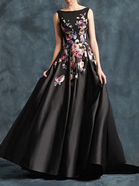 

Satin Floral Elegant Wedding Dress & Party Dress, Black, Maxi Dresses