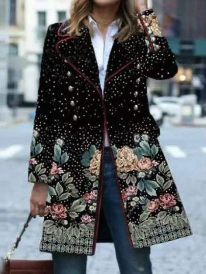 

Loose Casual Floral Lapel Collar Overcoat, Black, Outerwear