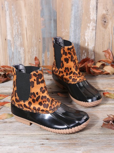 

Leopard Plain Plush Warm Panel Waterproof Duck Bean Boots, Boots