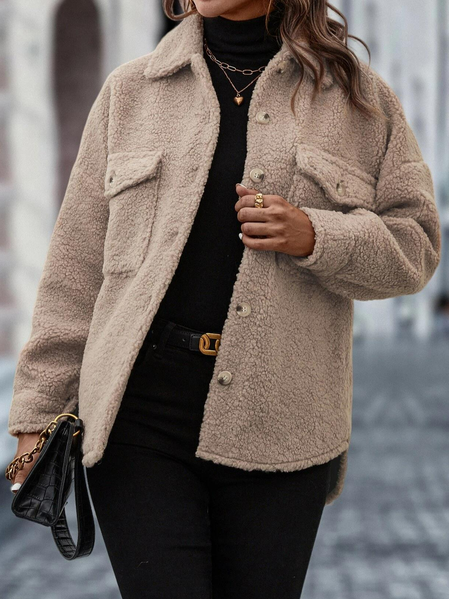 

Plain Casual Flap Pocket Drop Shoulder Teddy Coat, Khaki, Outerwear