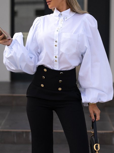 

Simple Lantern Sleeve Plain Urban Shirt Collar Blouse, White, Blouses and Shirts