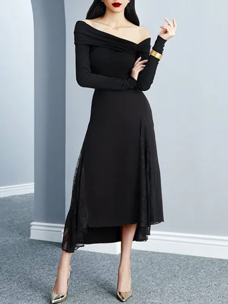 

Plain Elegant Regular Fit Asymmetrical Long sleeve Party Dress, Black, Midi Dresses