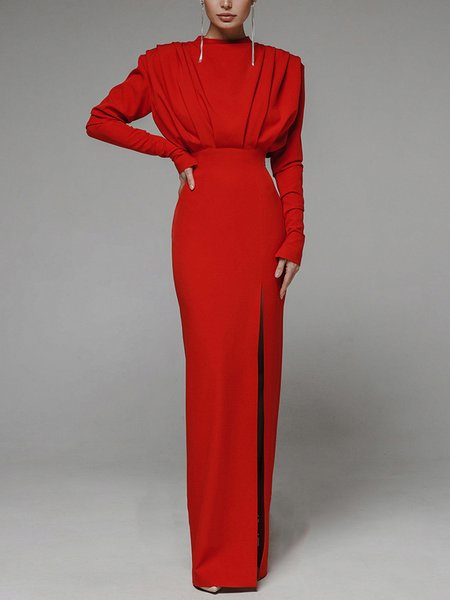 

Long sleeve Plain Regular Fit Elegant Long Party Dress, Red, Maxi Dresses