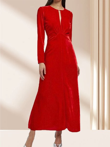 

Plain Crew Neck Elegant Regular Fit Party Dress, Red, Midi Dresses
