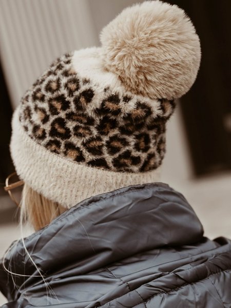 

Leopard Color Block Knit Hat, Brown, Women Hats