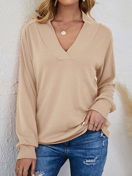 

Loose V Neck Casual Plain Sweatshirt, Apricot, Sweatshirts & Hoodies