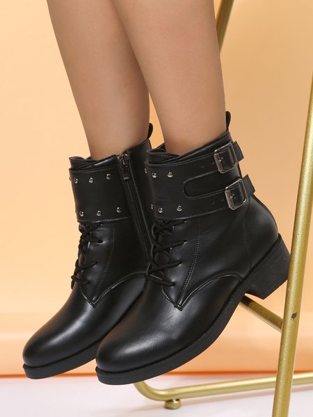 

Black Riveted Buckle Coarse Heel Motorcycle Boots, Boots