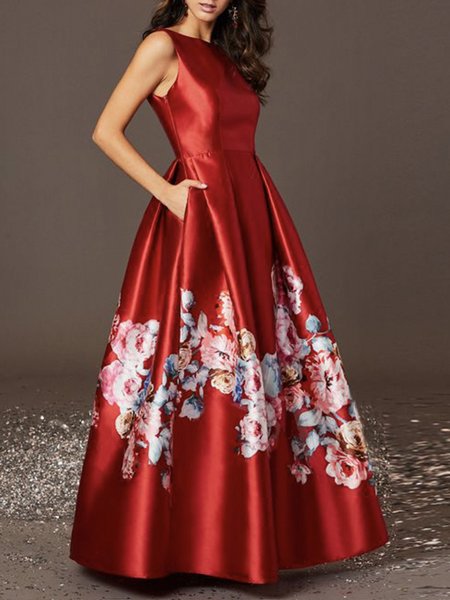 

Floral Long Elegant Regular Fit Boat Neck Party Dress, Red, Maxi Dresses