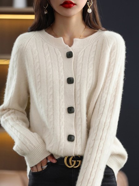 

Casual Crew Neck Loose Sweater Coat, Apricot, Cardigans