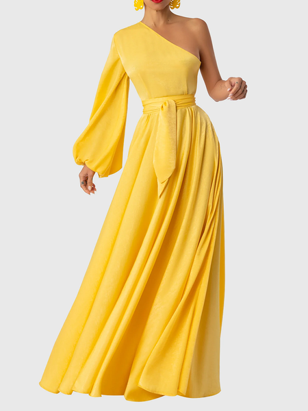 

Asymmetrical Elegant Regular Fit Plain Long sleeve Long Party Dress, Yellow, Maxi Dresses