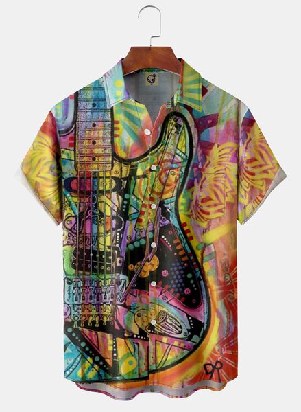 

Guitar Chest Pocket Short Sleeve Casual Shirt, Yellow, Men Shirts