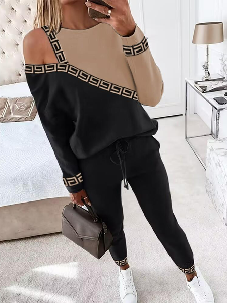 

Casual Colorblock Geo Trim Cold Shoulder Top & Pants Set, Black, Suit Set