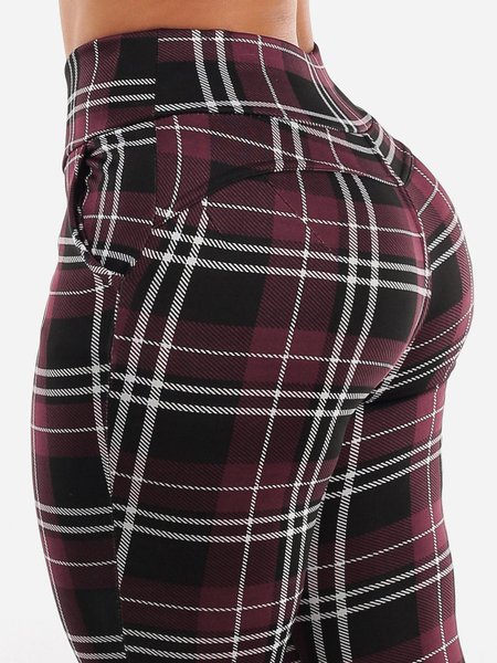 

Regular Fit Plaid Casual Fashion Pants, Red, Leggings
