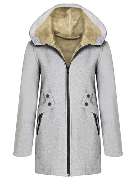 

Casual Plain Fleece Thermal Hooded Jacket, Gray, Coats