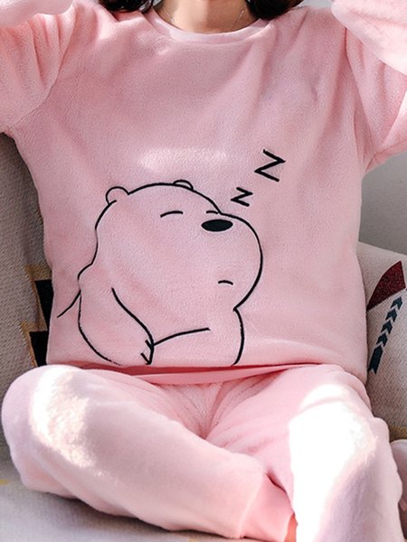 

Cat Bear Flannel Thermal Pajama Set Plus Size, Pink, Loungewear & Sleepwear