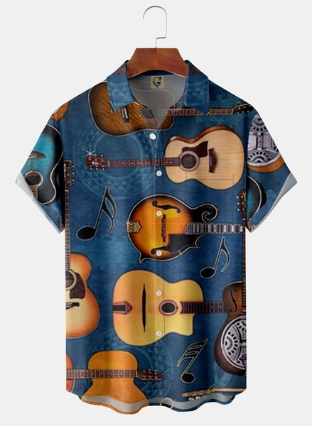 

Guitar Chest Pocket Short Sleeve Casual Shirt, Blue, Men Shirts