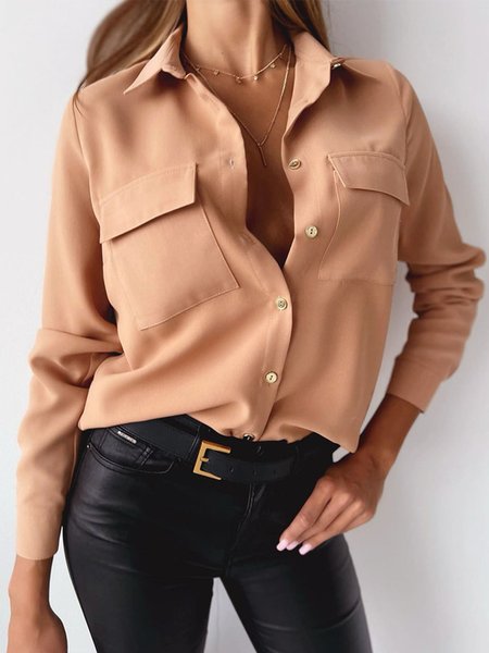 

Plain Urban Loose Long Sleeve Pockets Blouse, Khaki, Blouses and Shirts