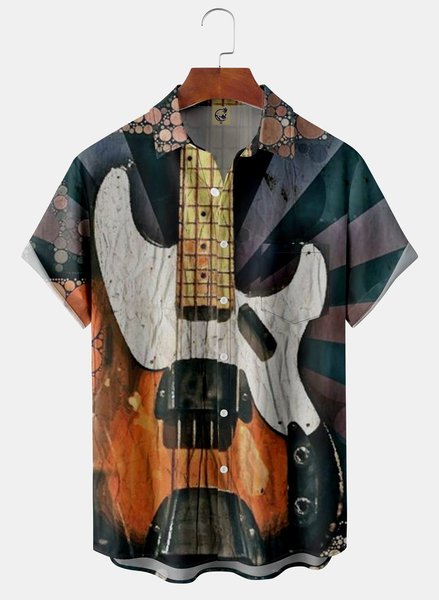 

Guitar Chest Pocket Short Sleeve Casual Shirt, Gray, Men Shirts