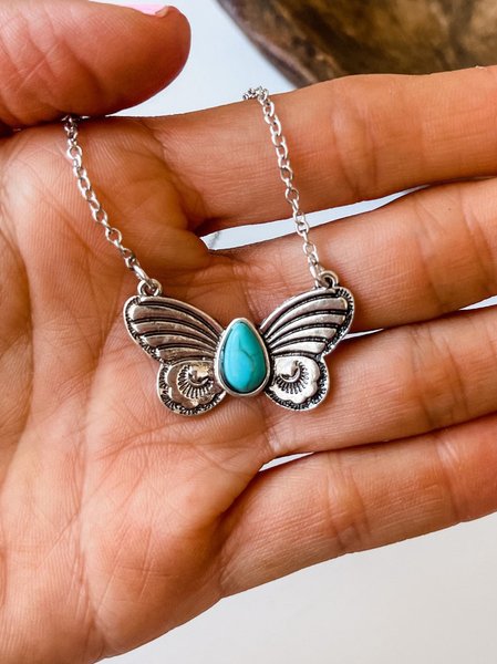 

Boho Vintage Turquoise Butterfly Pattern Necklace Ethnic Jewelry, Silver, Necklaces