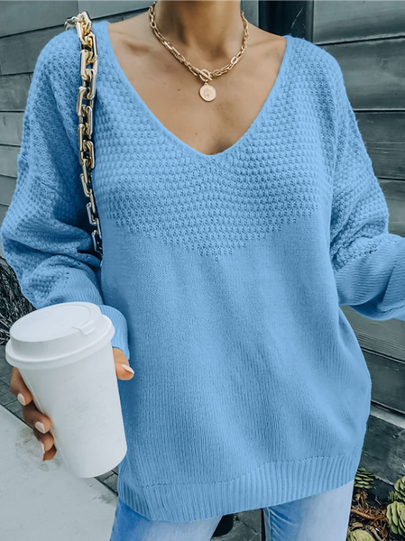

V Neck Plain Wool/Knitting Casual Sweater, Blue, Sweaters & Cardigans