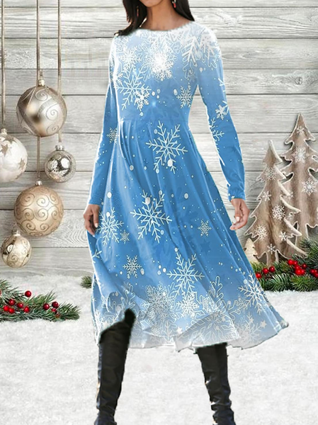 

Casual Printing Knitted Snowflake Dress, Blue, Midi Dresses